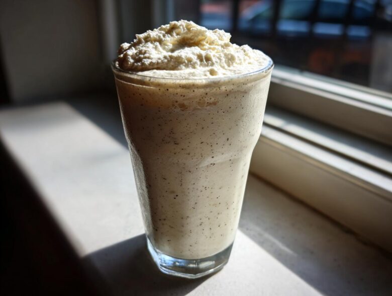 A tall glass filled with a speckled Homemade Vanilla Bean Frappuccino topped with whipped cream, backlit by a window.