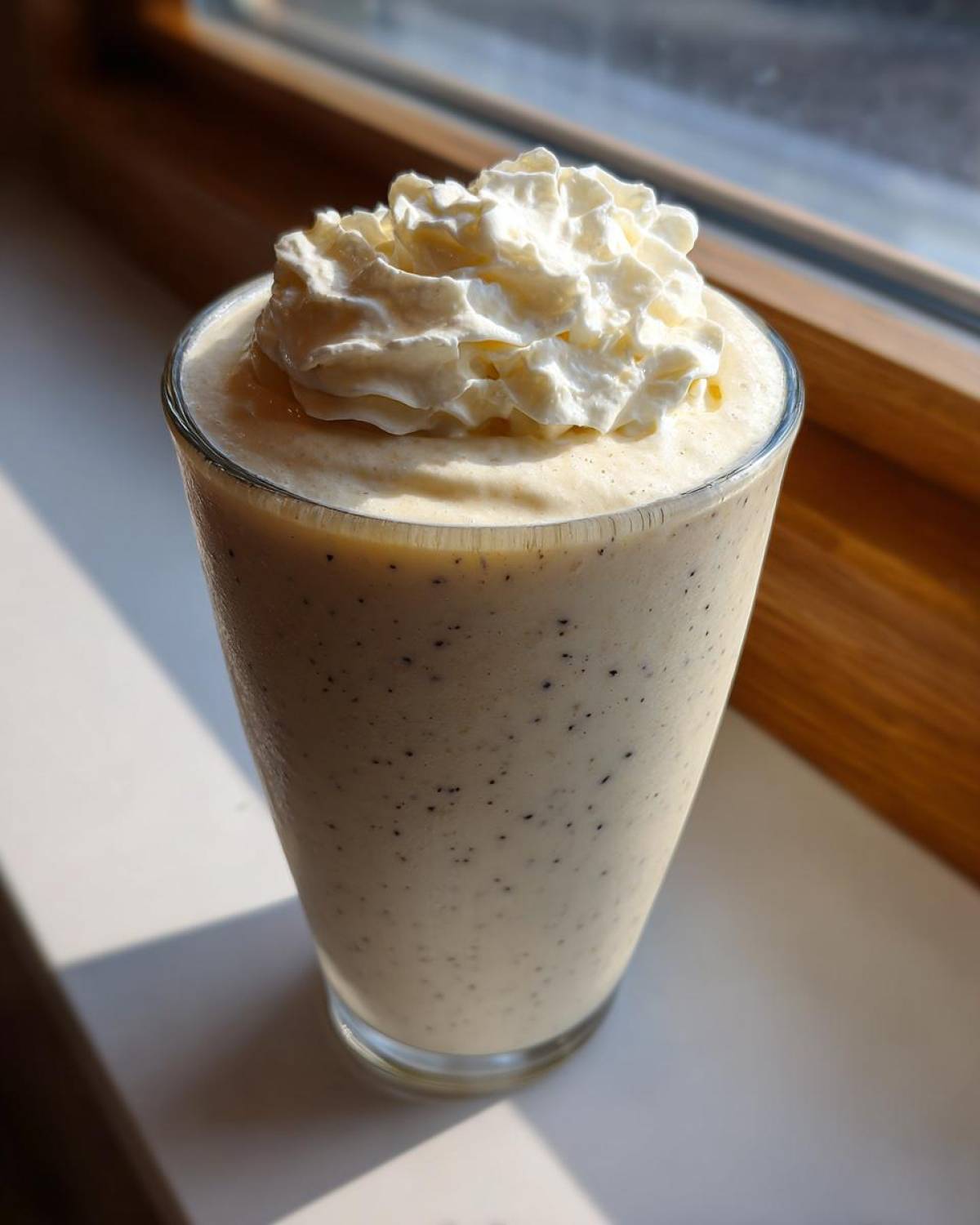 A tall glass of Homemade Vanilla Bean Frappuccino topped with whipped cream, sitting near a window.