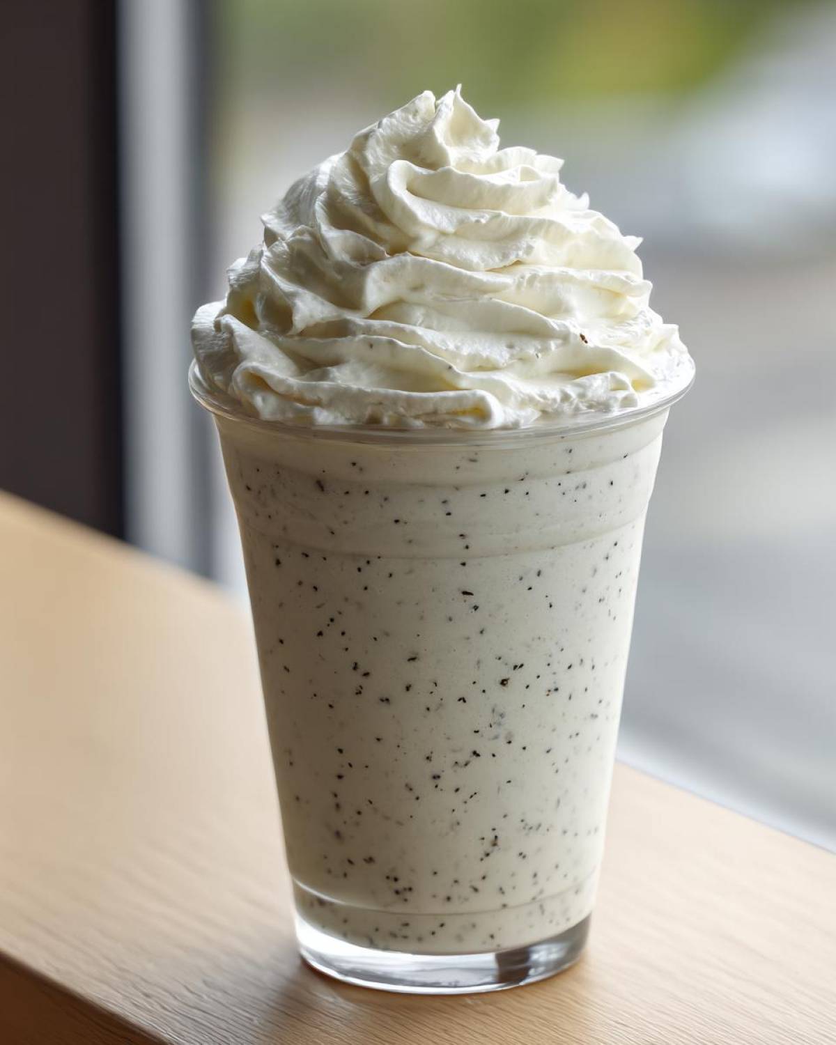 A tall, clear cup filled with a speckled Homemade Vanilla Bean Frappuccino topped high with whipped cream.