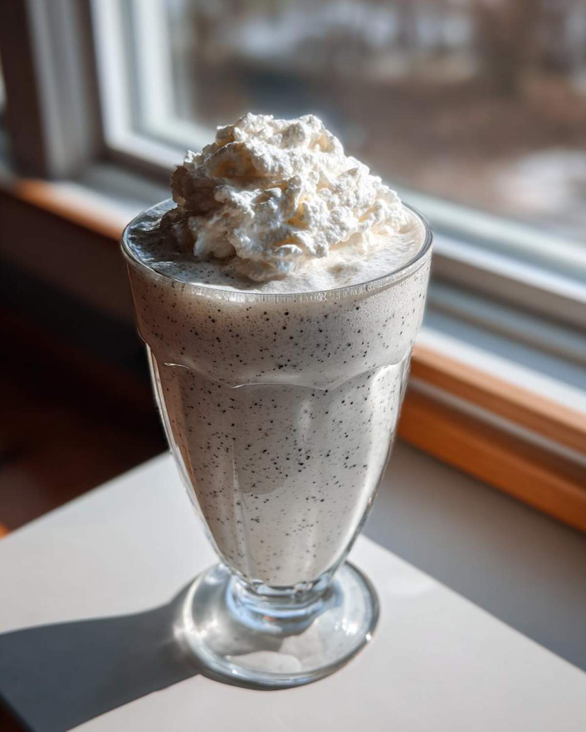 A tall glass of Homemade Vanilla Bean Frappuccino speckled with vanilla bean, topped with whipped cream.