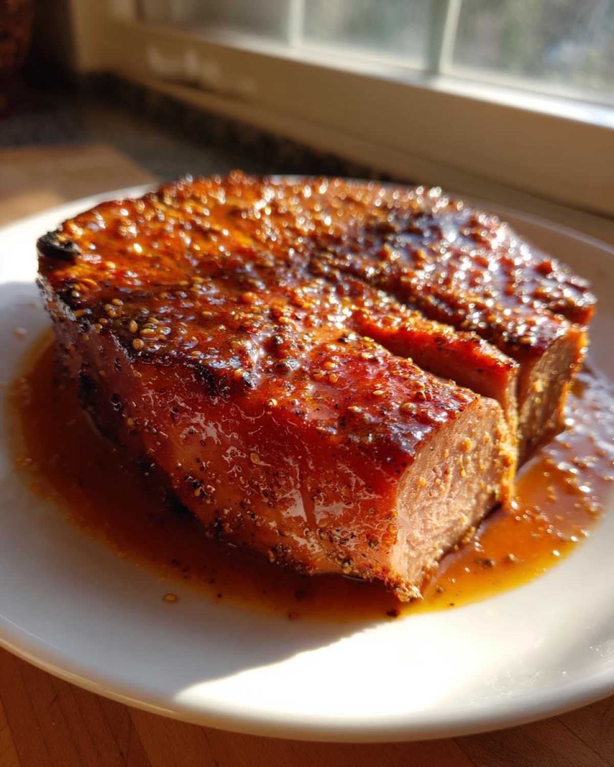 Close-up of a thick Honey Glazed Ham Steak in the Skillet, glistening with sauce and sesame seeds.