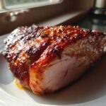 Close-up of a thick, perfectly cooked Honey Glazed Ham Steak in the Skillet with a shiny, caramelized crust.