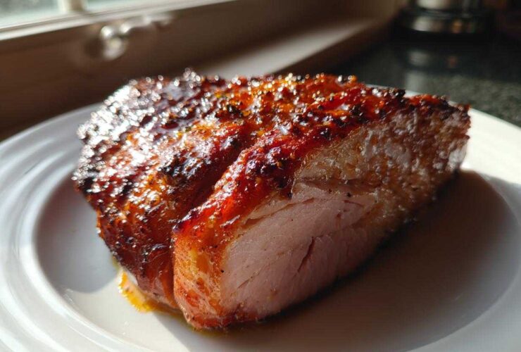Close-up of a thick, perfectly cooked Honey Glazed Ham Steak in the Skillet with a shiny, caramelized crust.
