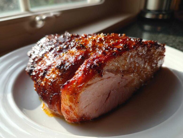 Close-up of a thick, perfectly cooked Honey Glazed Ham Steak in the Skillet with a shiny, caramelized crust.