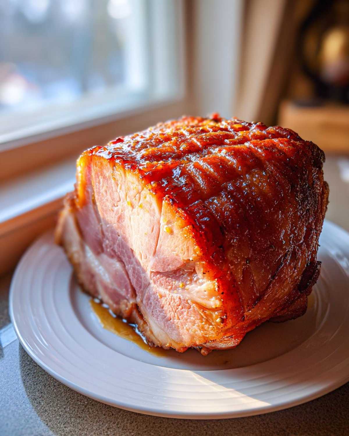 A thick slice of Honey Glazed Ham Steak in the Skillet, featuring a dark, shiny honey crust.