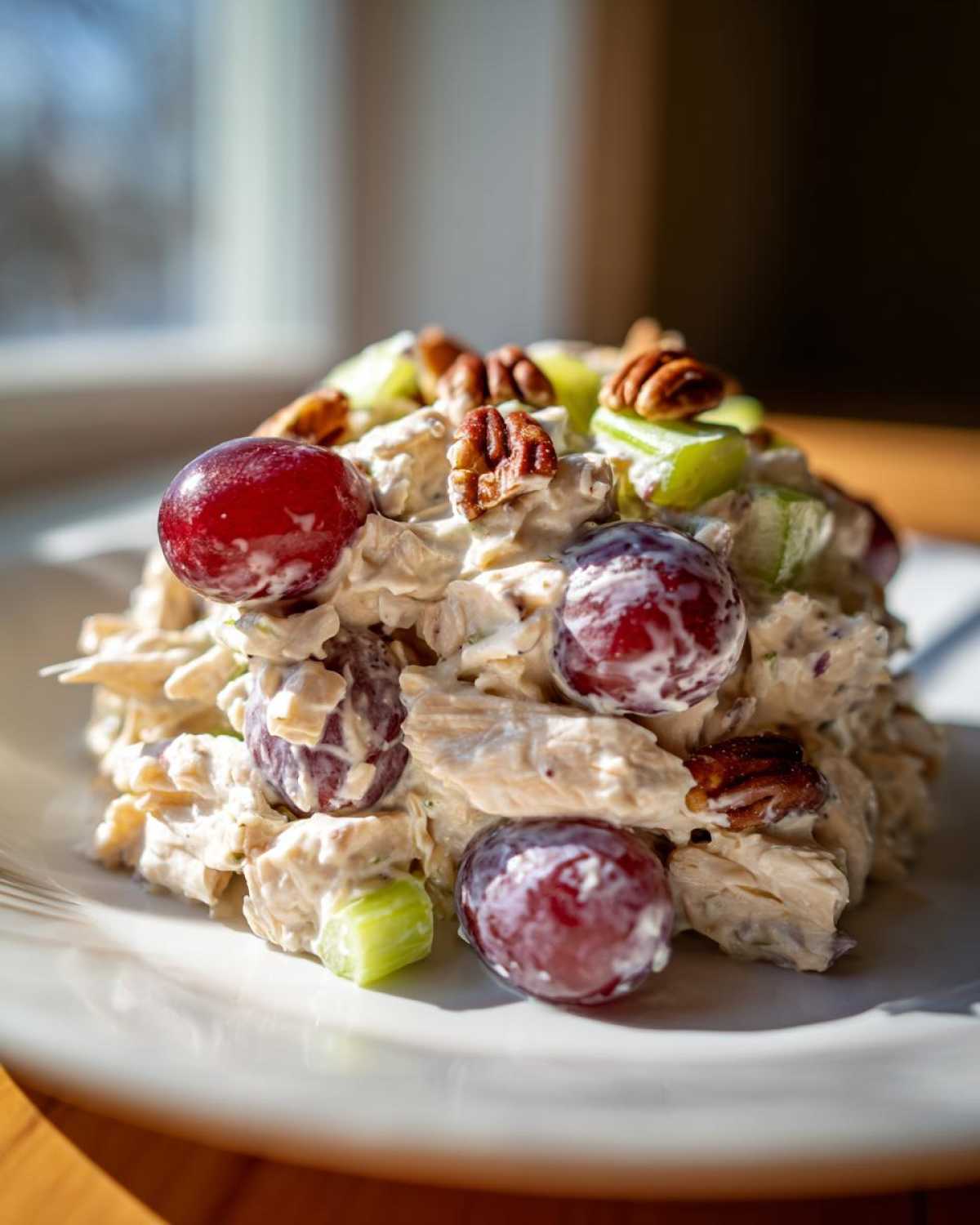 A mound of creamy Honey Mustard Chicken Salad with Grapes, pecans, and celery on a white plate.