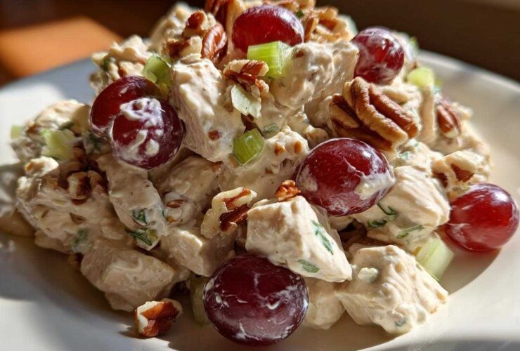 A close-up serving of creamy Honey Mustard Chicken Salad with Grapes, pecans, and celery chunks.