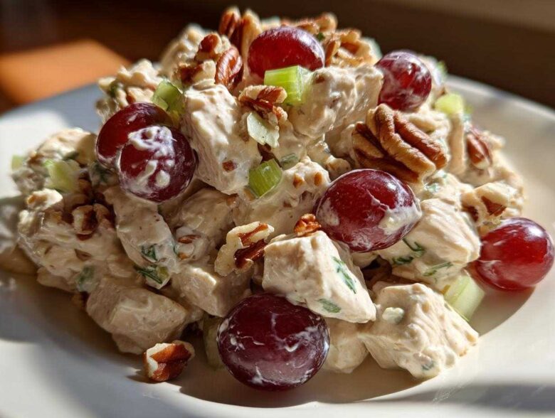 A close-up serving of creamy Honey Mustard Chicken Salad with Grapes, pecans, and celery chunks.
