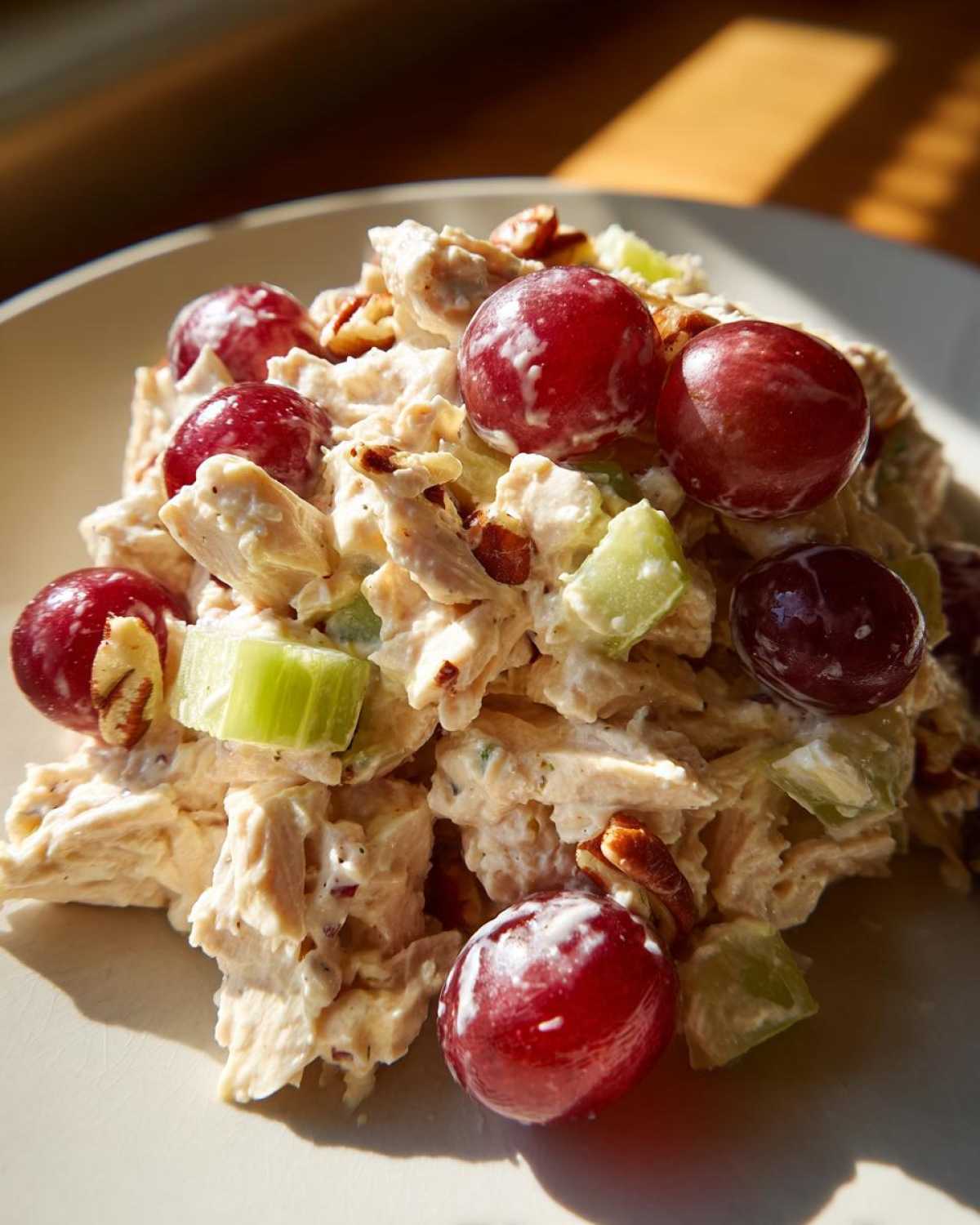 A close-up of Honey Mustard Chicken Salad with Grapes, celery, and pecans piled on a light plate.