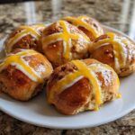 Five freshly baked Hot Cross Buns with Orange Glaze drizzled across the top, resting on a white plate.