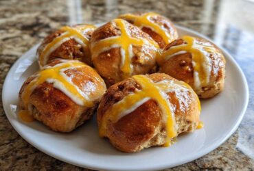 Five freshly baked Hot Cross Buns with Orange Glaze drizzled across the top, resting on a white plate.
