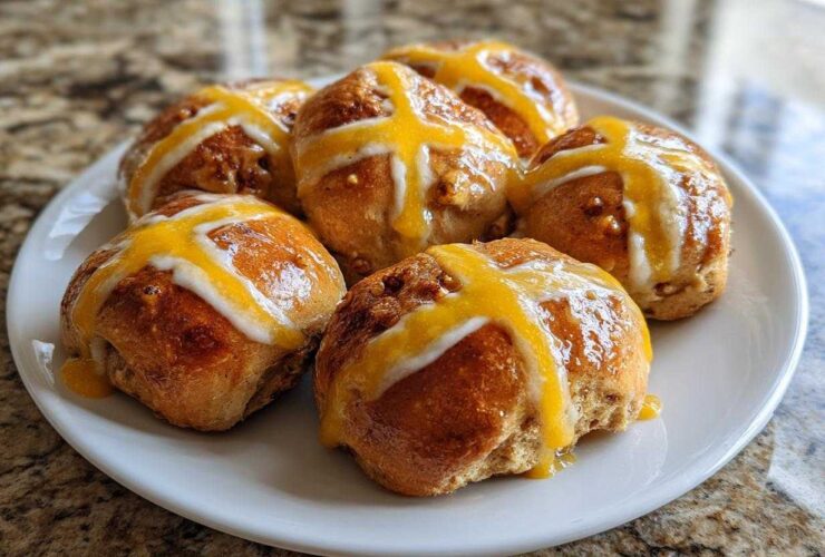 Five freshly baked Hot Cross Buns with Orange Glaze drizzled across the top, resting on a white plate.