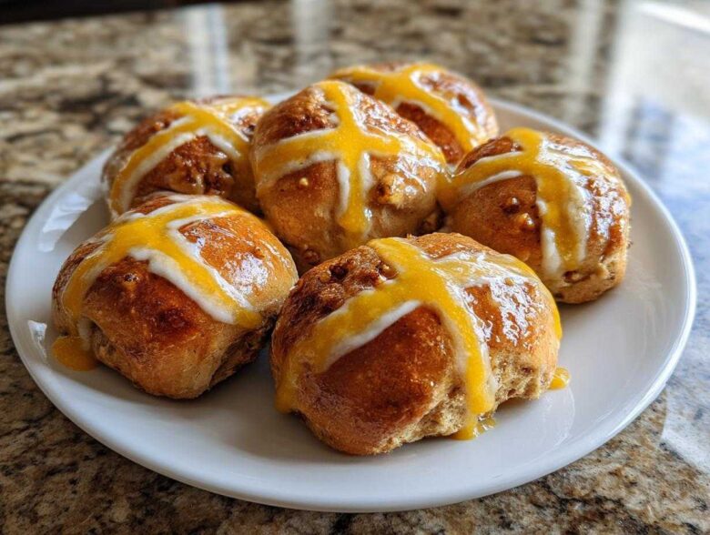 Five freshly baked Hot Cross Buns with Orange Glaze drizzled across the top, resting on a white plate.