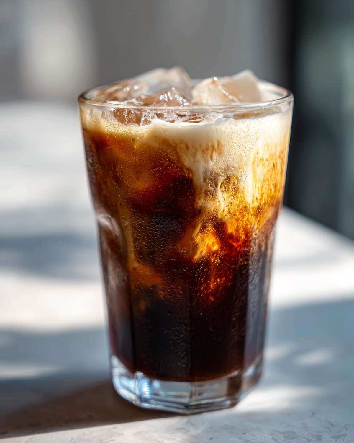 Close-up of a tall glass filled with an Iced Brown Sugar Oatmilk Latte, showing layers of dark coffee and creamy oat milk over ice.