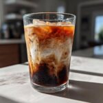 A tall glass filled with a layered Iced Brown Sugar Oatmilk Latte, showing dark espresso mixing with white oat milk and ice.