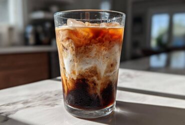 A tall glass filled with a layered Iced Brown Sugar Oatmilk Latte, showing dark espresso mixing with white oat milk and ice.