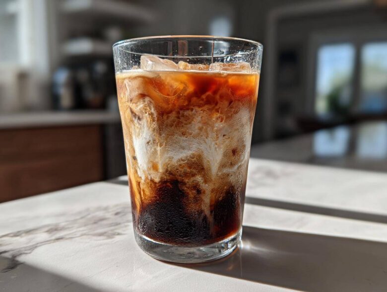 A tall glass filled with a layered Iced Brown Sugar Oatmilk Latte, showing dark espresso mixing with white oat milk and ice.