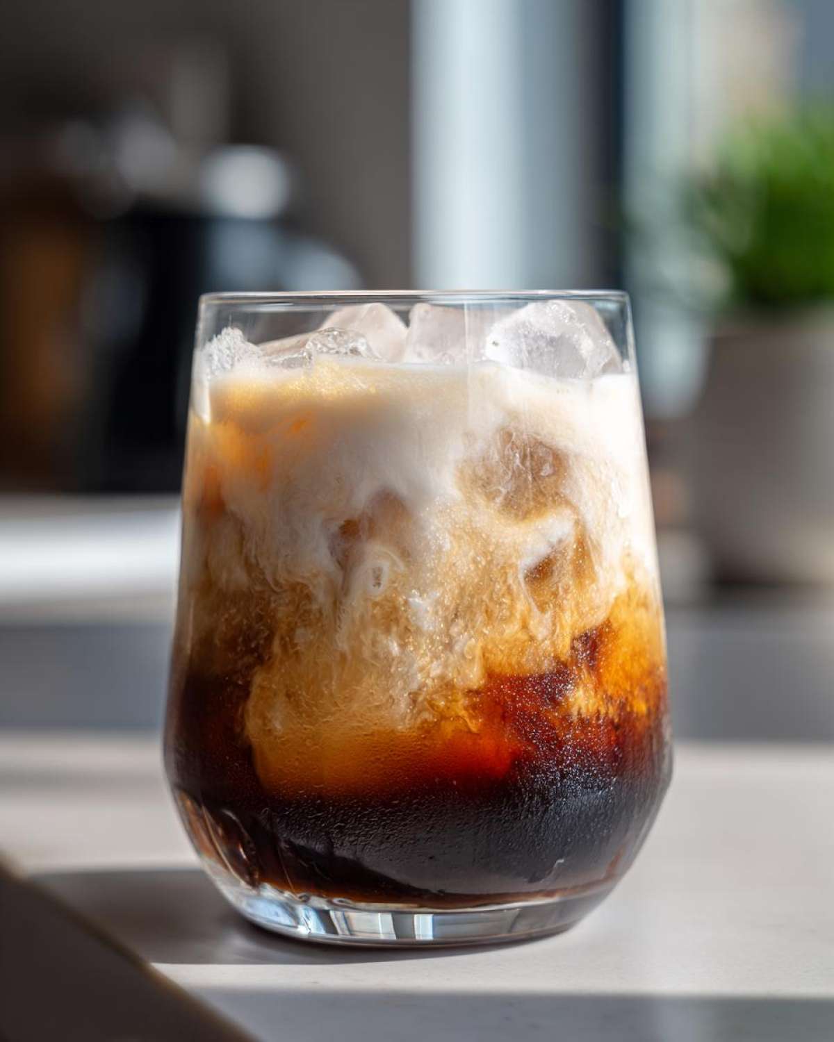 Close-up of an Iced Brown Sugar Oatmilk Latte showing dark espresso mixing with creamy oatmilk over ice.
