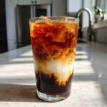 Close-up of an Iced Brown Sugar Oatmilk Latte showing distinct layers of dark coffee, creamy oatmilk, and ice.