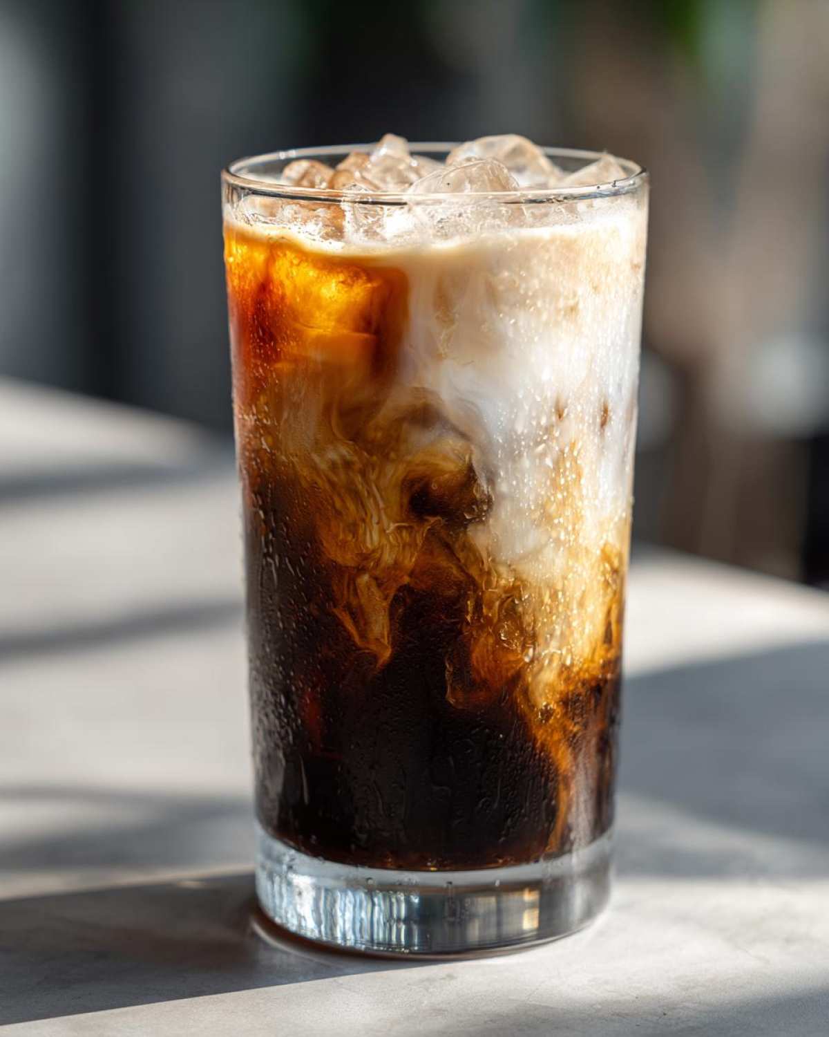 Close-up of an Iced Brown Sugar Oatmilk Latte showing dark coffee swirling with creamy oatmilk over ice.