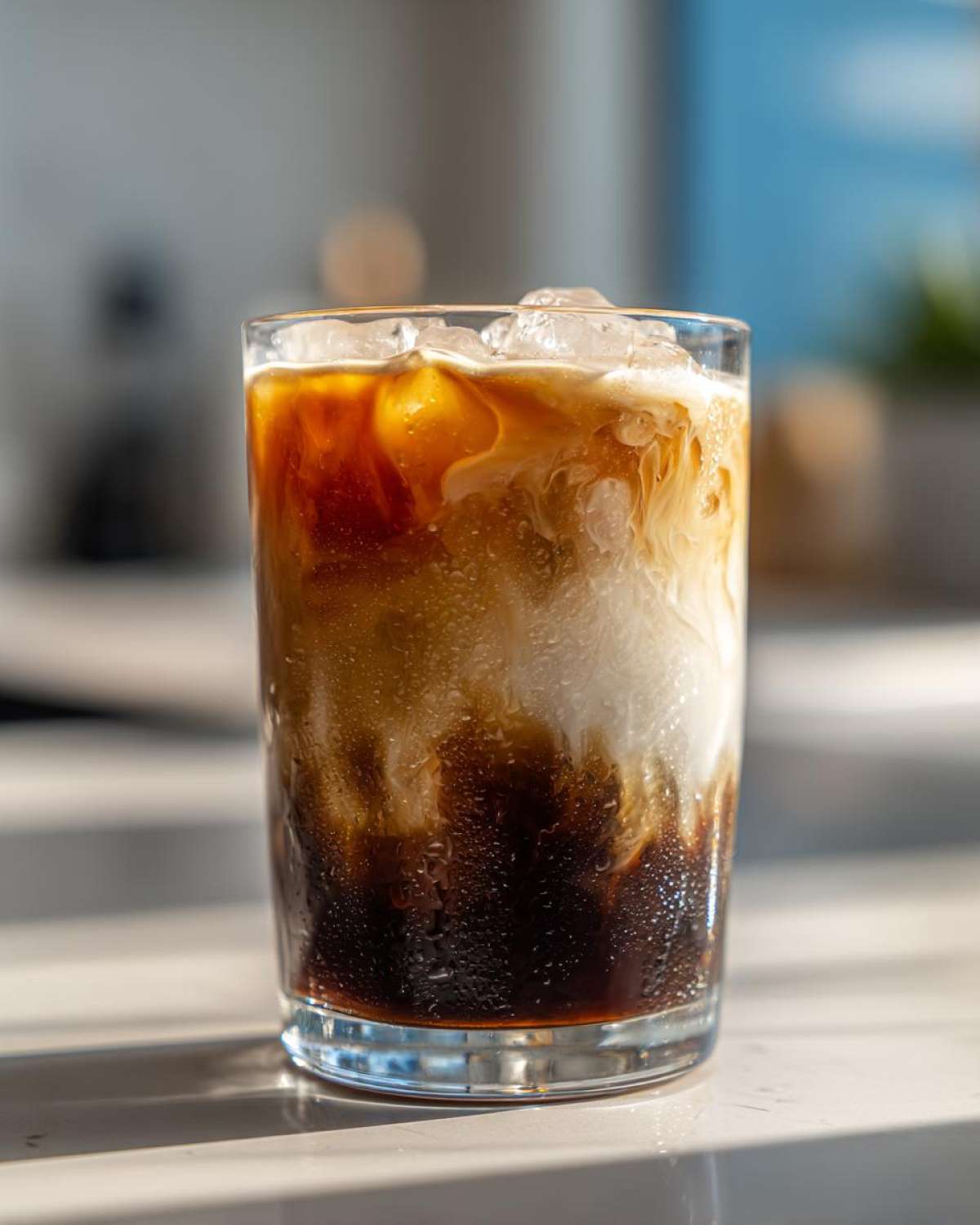 Close-up of an Iced Brown Sugar Oatmilk Latte showing dark coffee mixing with creamy oatmilk over ice.