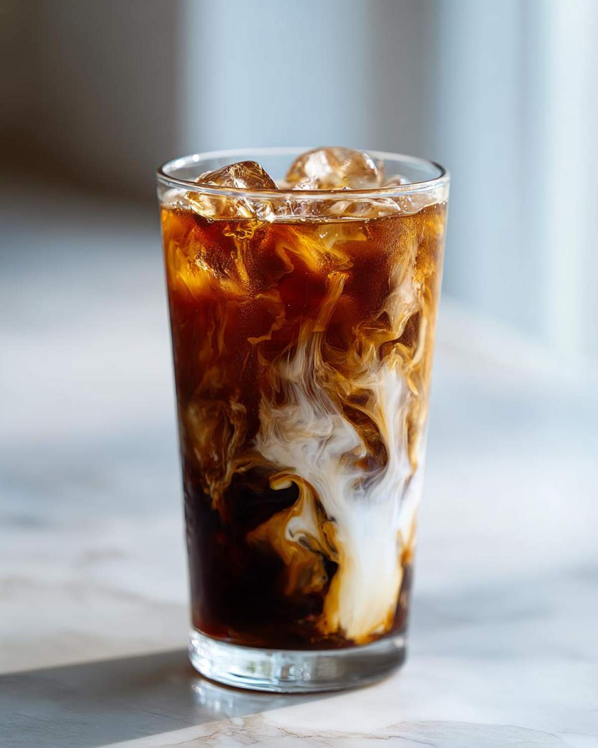 Close-up of an Iced Honey Almond Milk Latte showing rich coffee swirling with creamy almond milk and ice.
