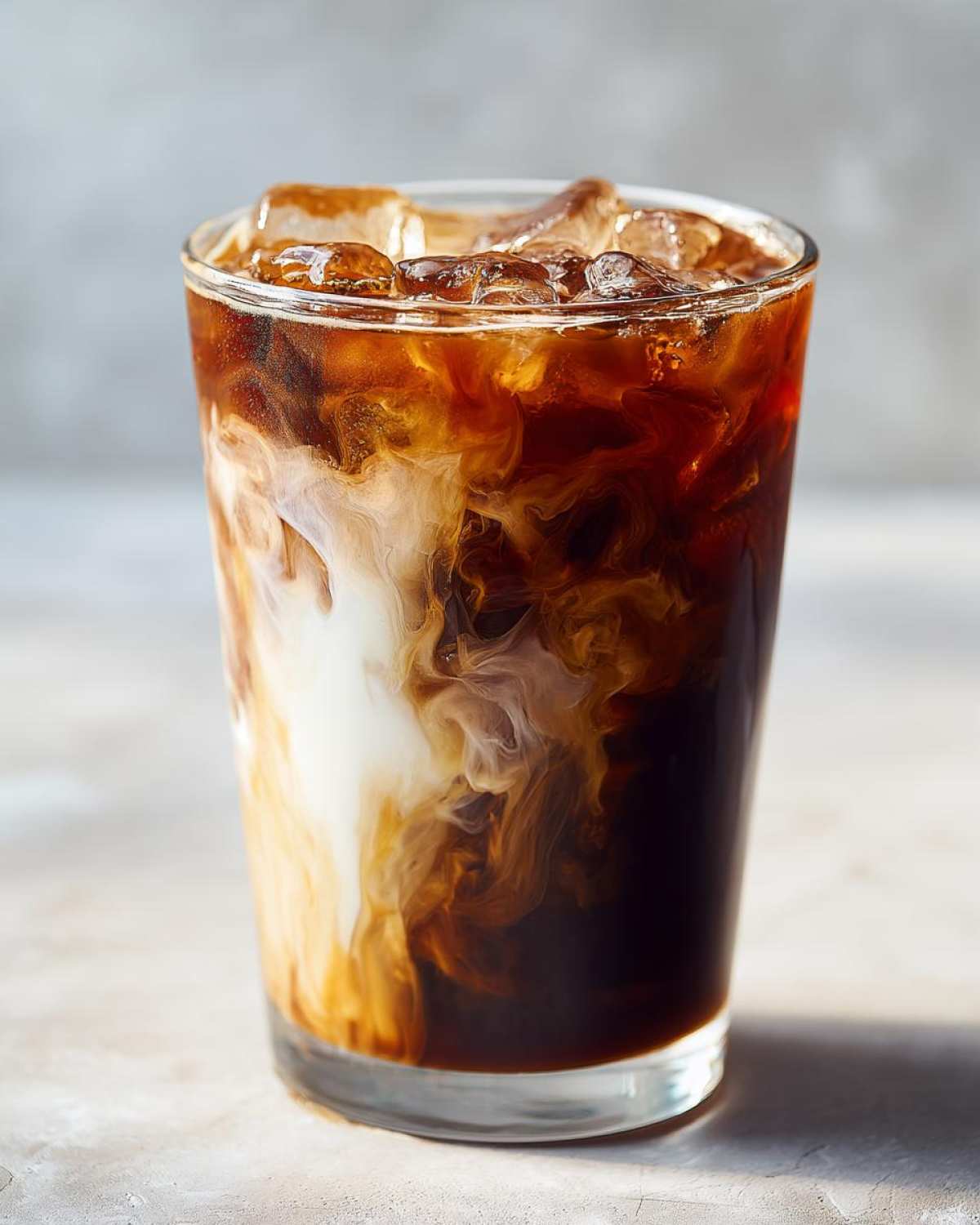 Close-up of an Iced Honey Almond Milk Latte with milk swirling into dark coffee over ice cubes.
