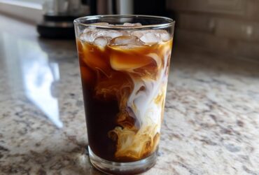 Close-up of an Iced Honey Almond Milk Latte showing rich coffee swirling with creamy almond milk over ice.