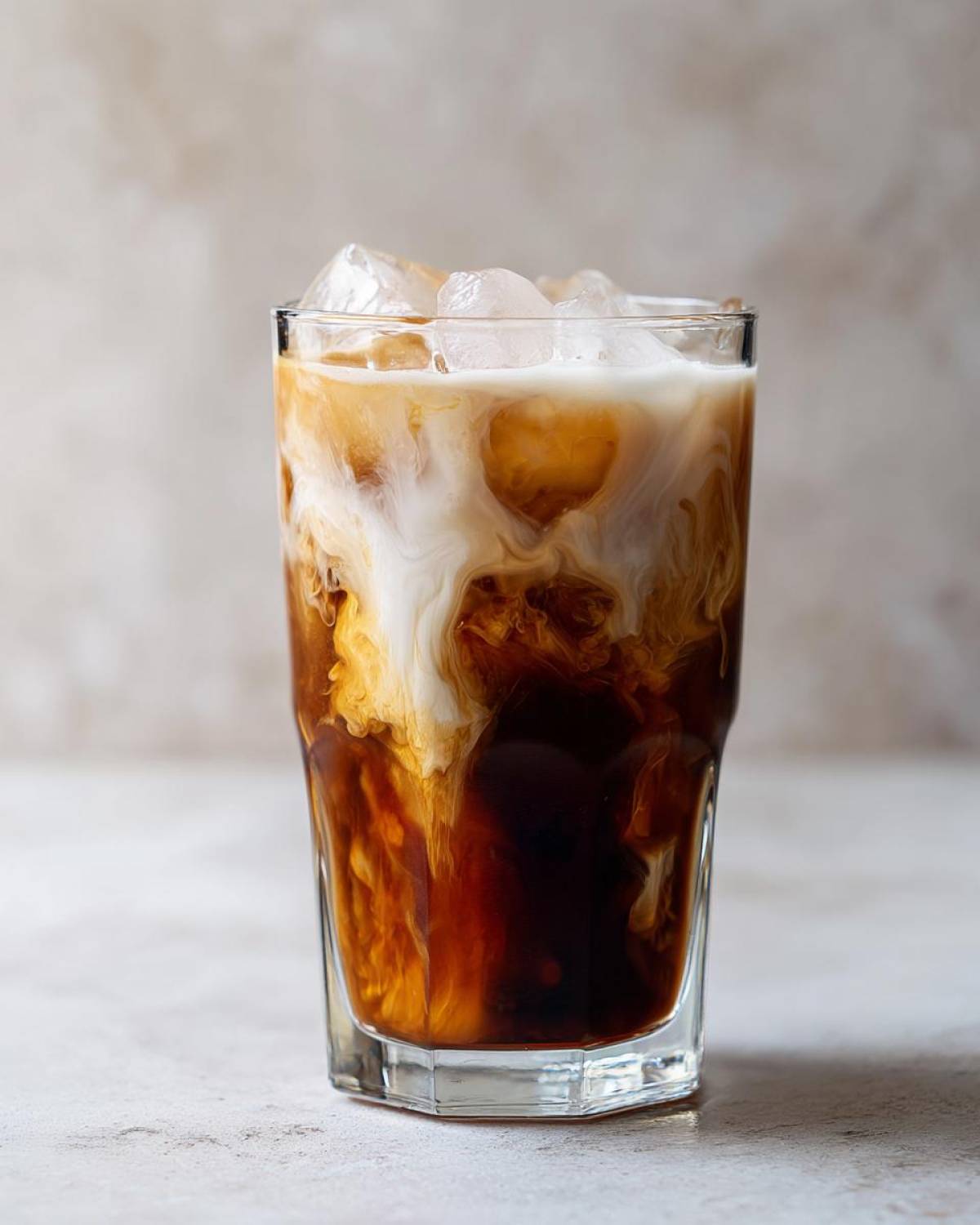 Close-up of an Iced Honey Almond Milk Latte with cream swirling into dark coffee over ice cubes.