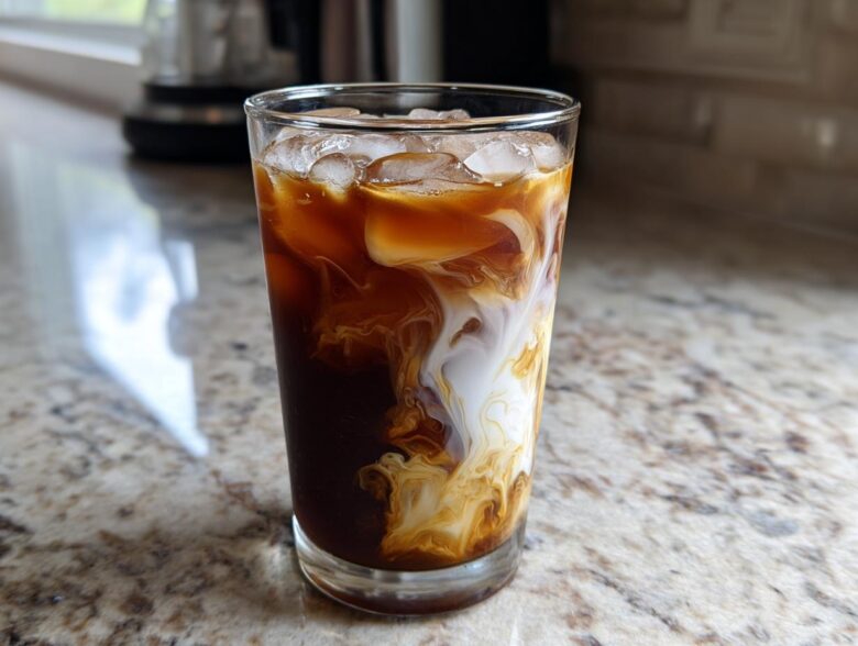 Close-up of an Iced Honey Almond Milk Latte showing rich coffee swirling with creamy almond milk over ice.