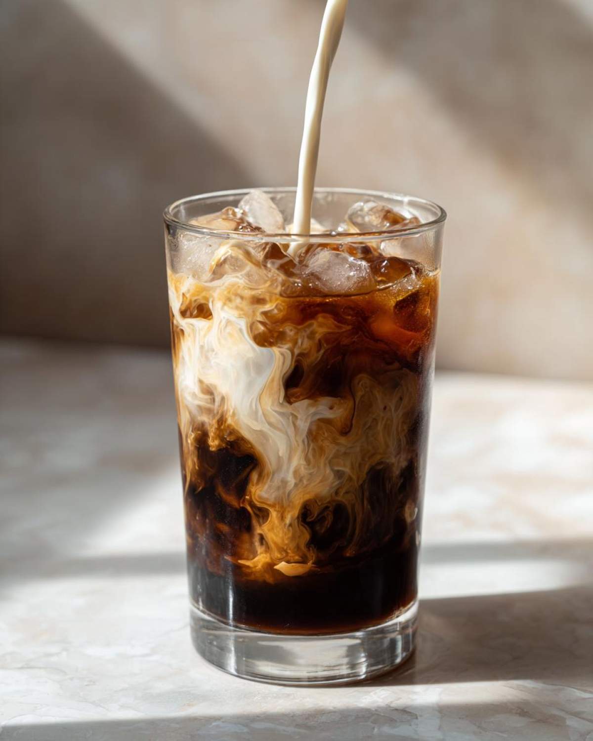 Milk being poured into a glass of iced coffee, creating beautiful swirls for an Iced Honey Almond Milk Latte.