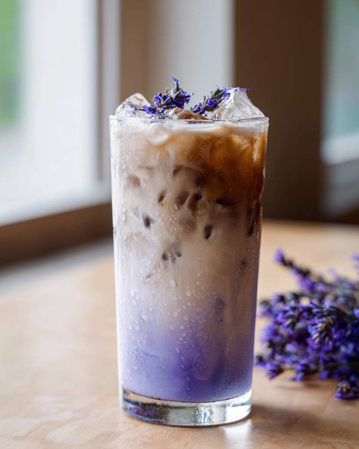 A tall glass of Iced Lavender Latte showing purple syrup, milk, and espresso layers, topped with ice and dried lavender.