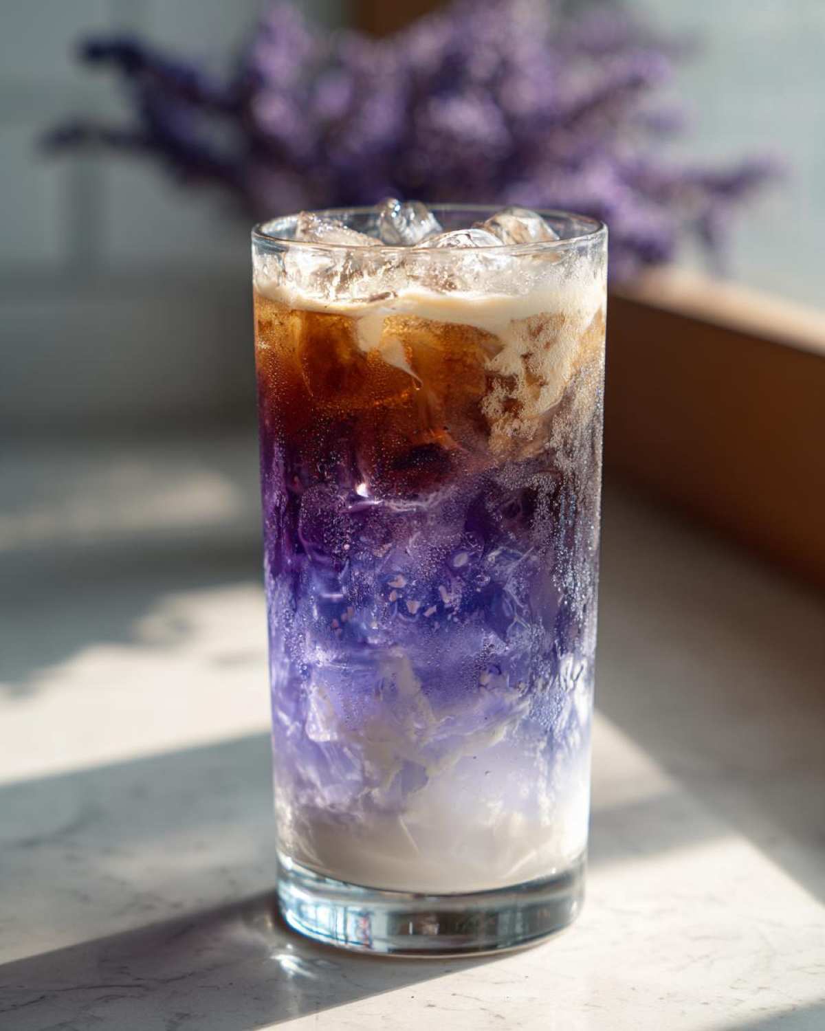 A tall glass showing the layered colors of an Iced Lavender Latte with ice, purple syrup, and coffee on top.