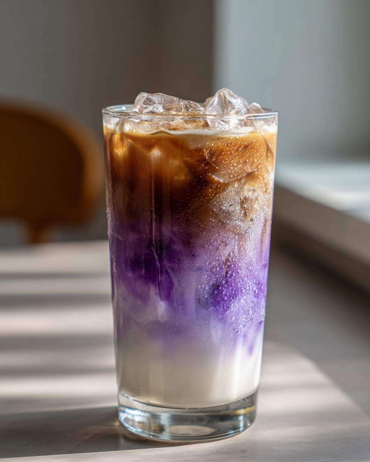 A tall glass showcasing a beautiful Iced Lavender Latte with distinct layers of milk, purple syrup, and dark espresso, topped with ice.