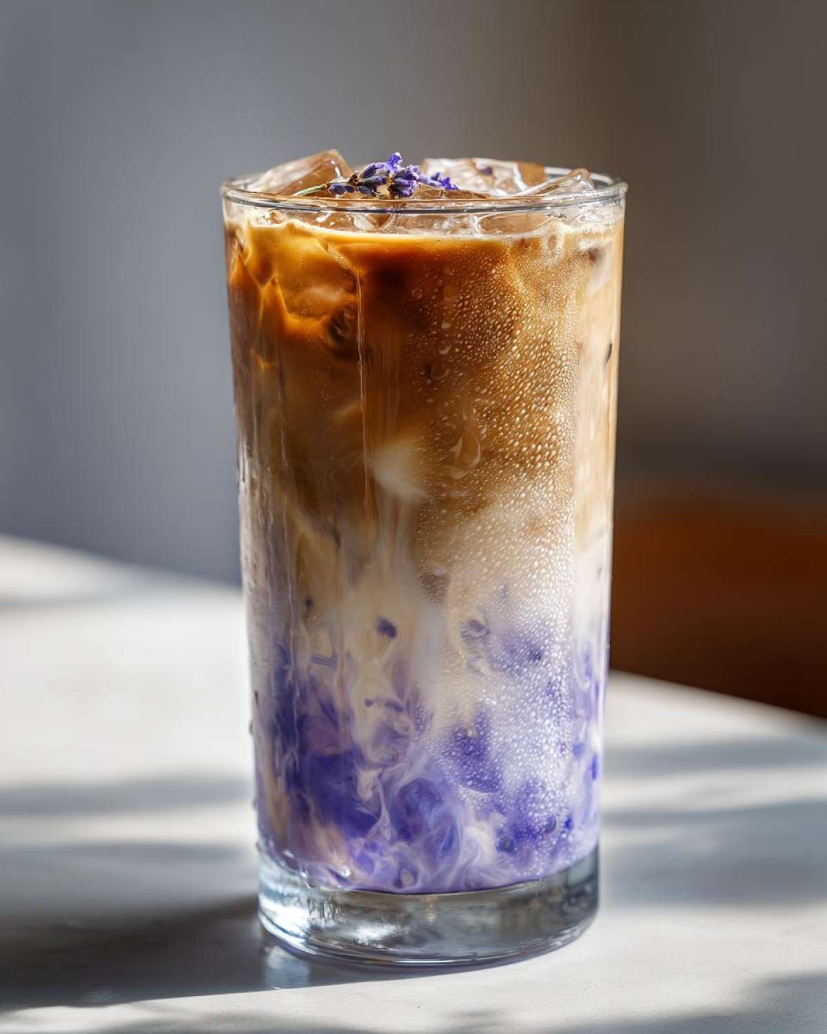 Close-up of a tall glass containing a layered Iced Lavender Latte with purple syrup, milk, and espresso, topped with ice and lavender buds.