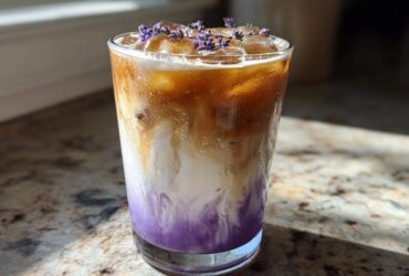 A tall glass of Iced Lavender Latte showing a beautiful purple swirl at the bottom, topped with ice and fresh lavender buds.