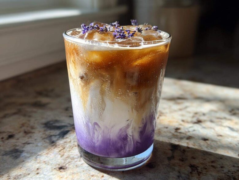 A tall glass of Iced Lavender Latte showing a beautiful purple swirl at the bottom, topped with ice and fresh lavender buds.