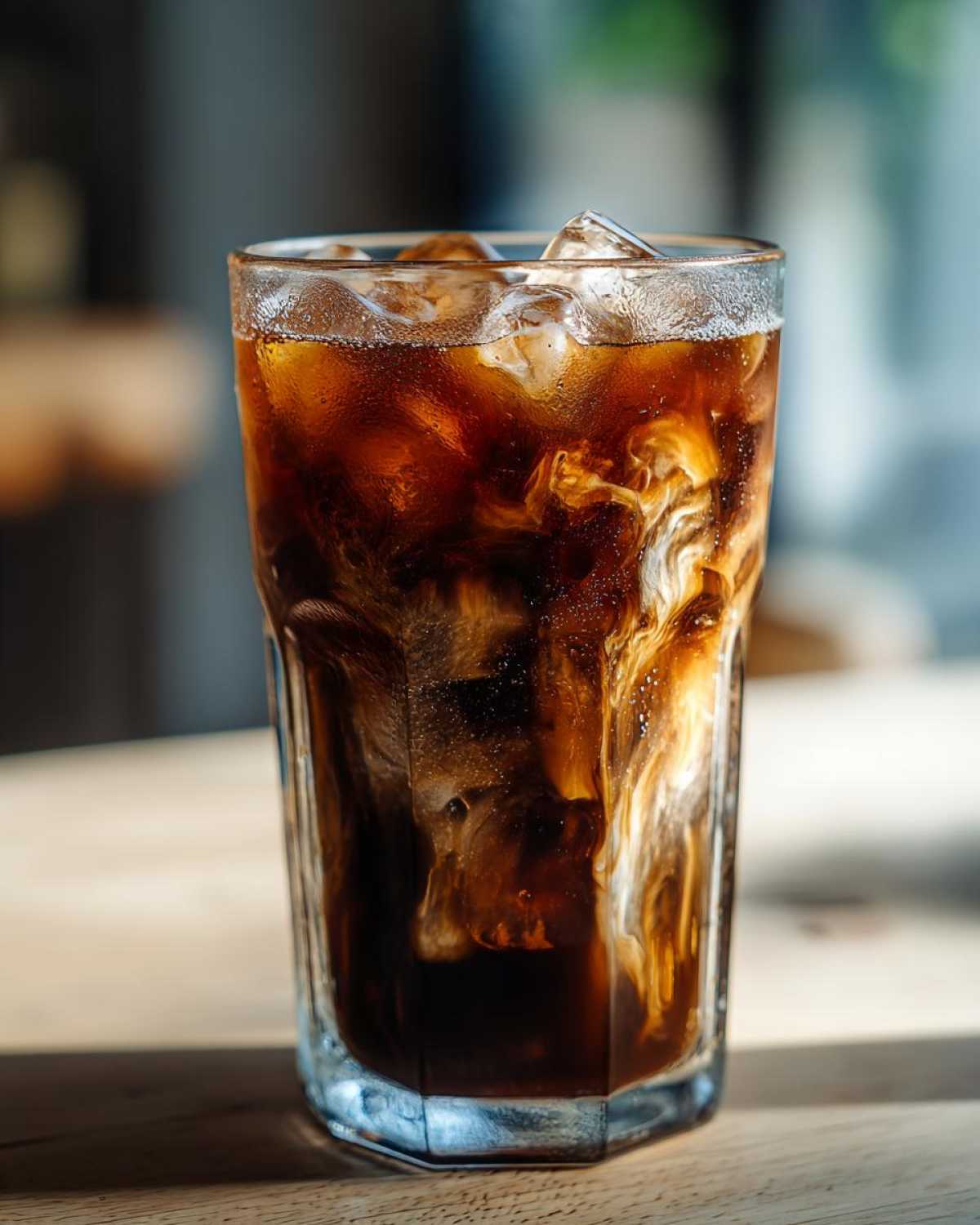 A tall glass filled with ice and dark coffee, showing rich swirls of cream mixing into the Iced Mocha.