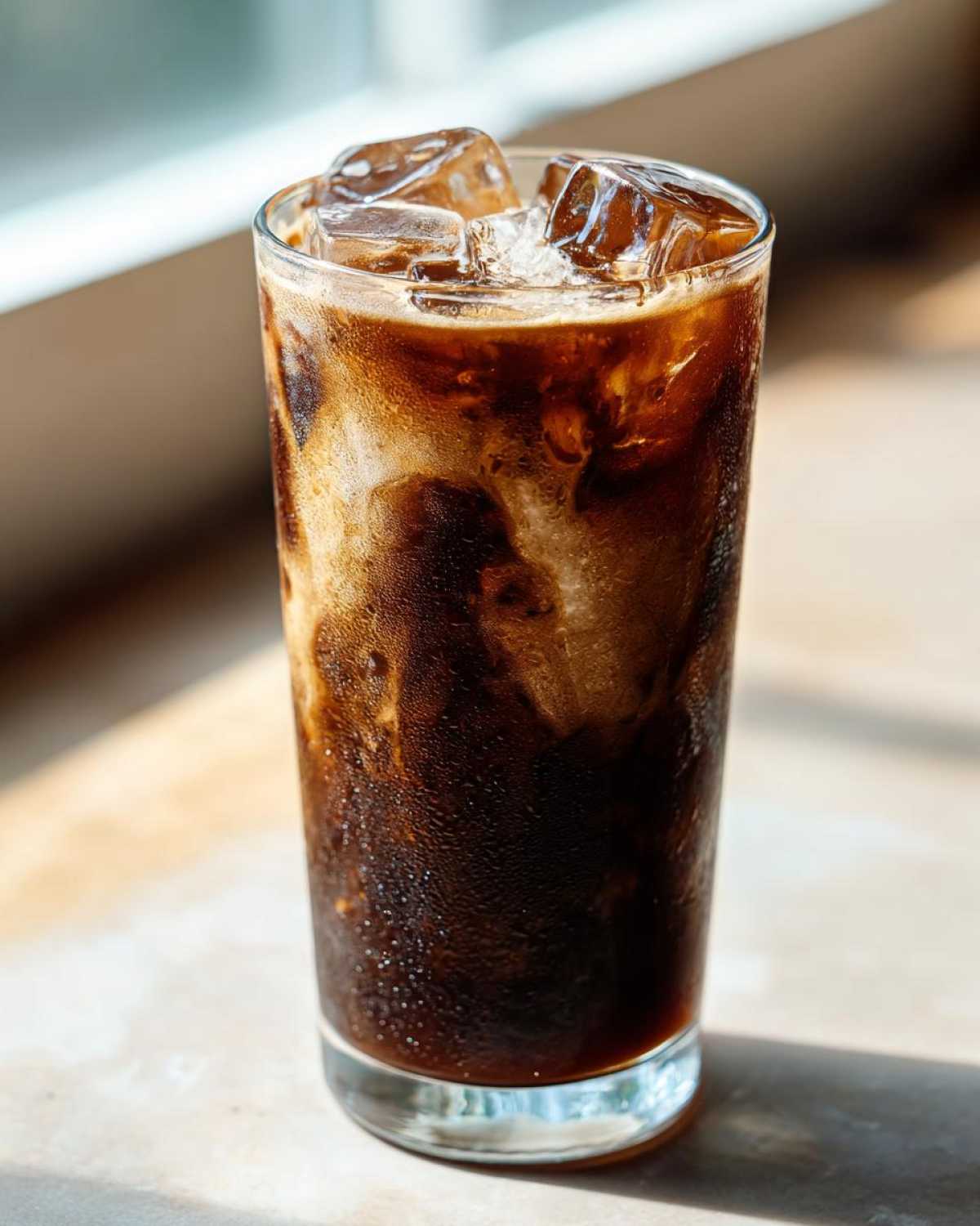 Close-up of a tall glass filled with a dark Iced Mocha, showing swirls of cream mixing with the coffee and topped with ice cubes.