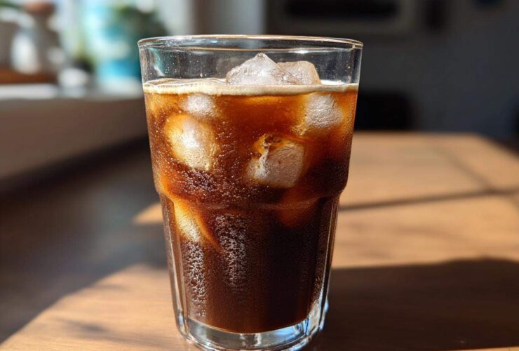 Close-up of a tall glass filled with a dark Iced Mocha and large ice cubes, glistening in sunlight.