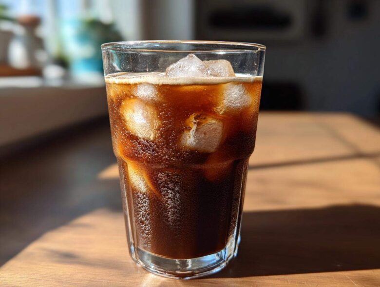 Close-up of a tall glass filled with a dark Iced Mocha and large ice cubes, glistening in sunlight.