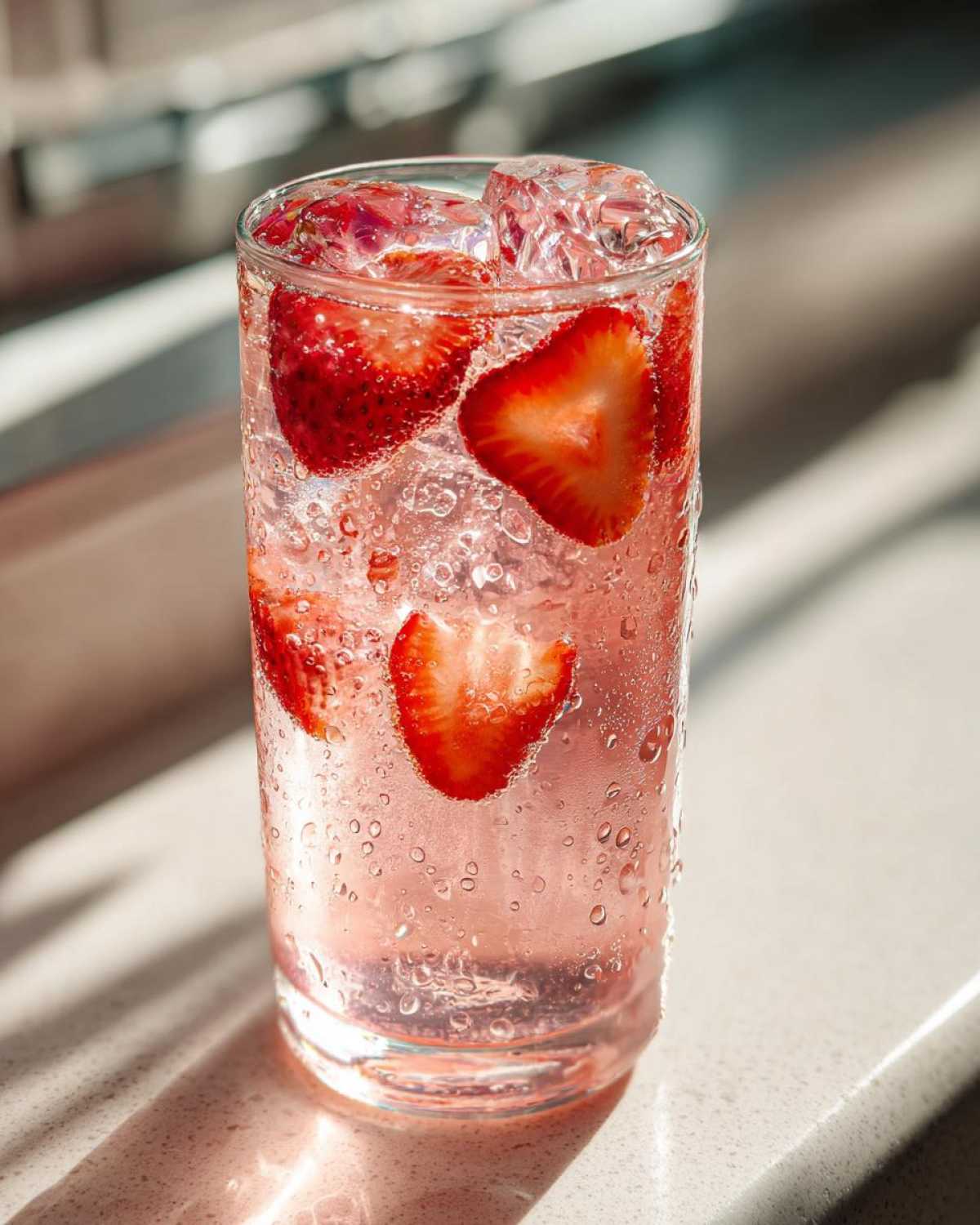 Close-up of a tall glass filled with Iced Strawberry Lemon Tea, sliced strawberries, and ice cubes.