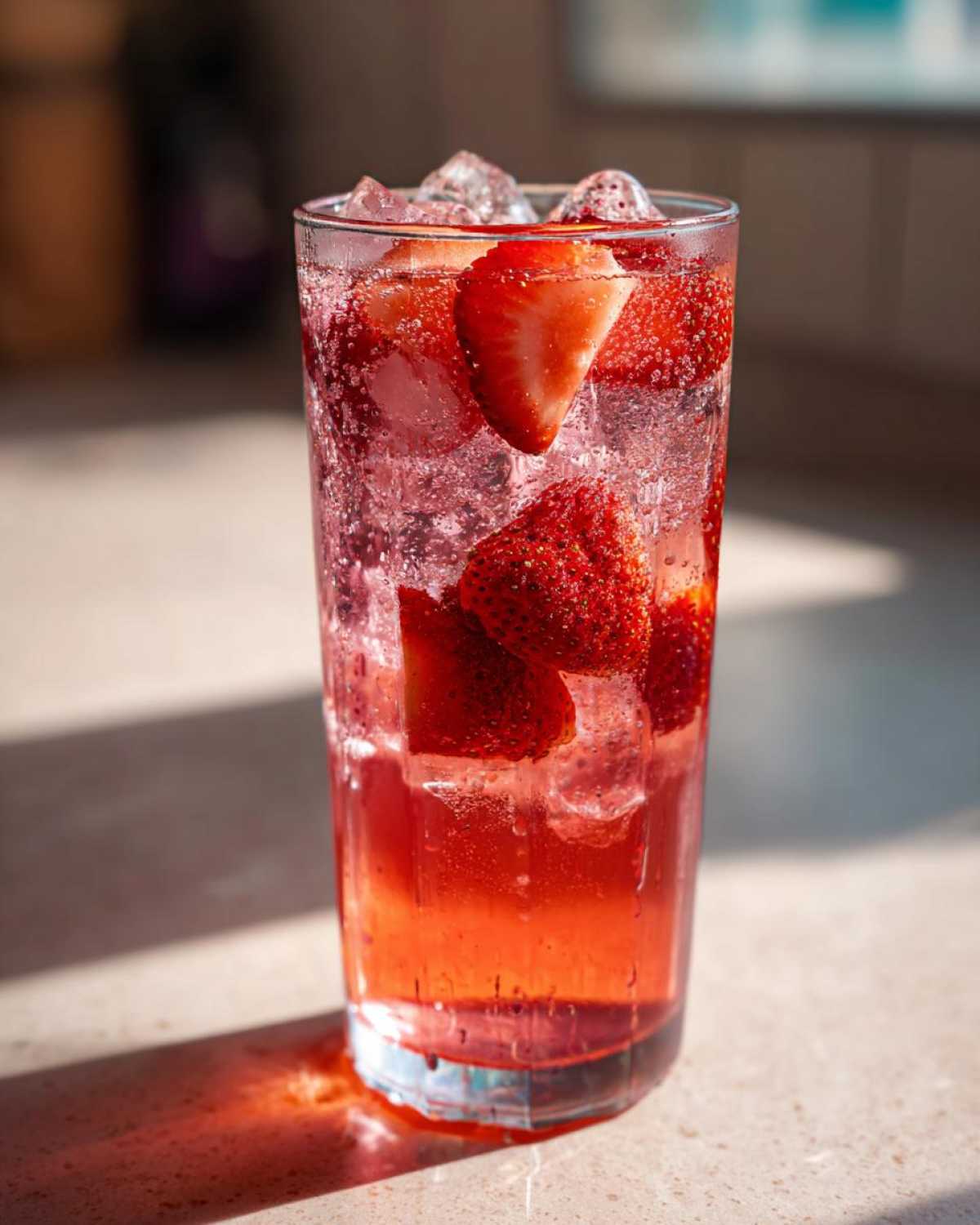 Close-up of a tall glass filled with Iced Strawberry Lemon Tea, ice cubes, and fresh strawberry slices.