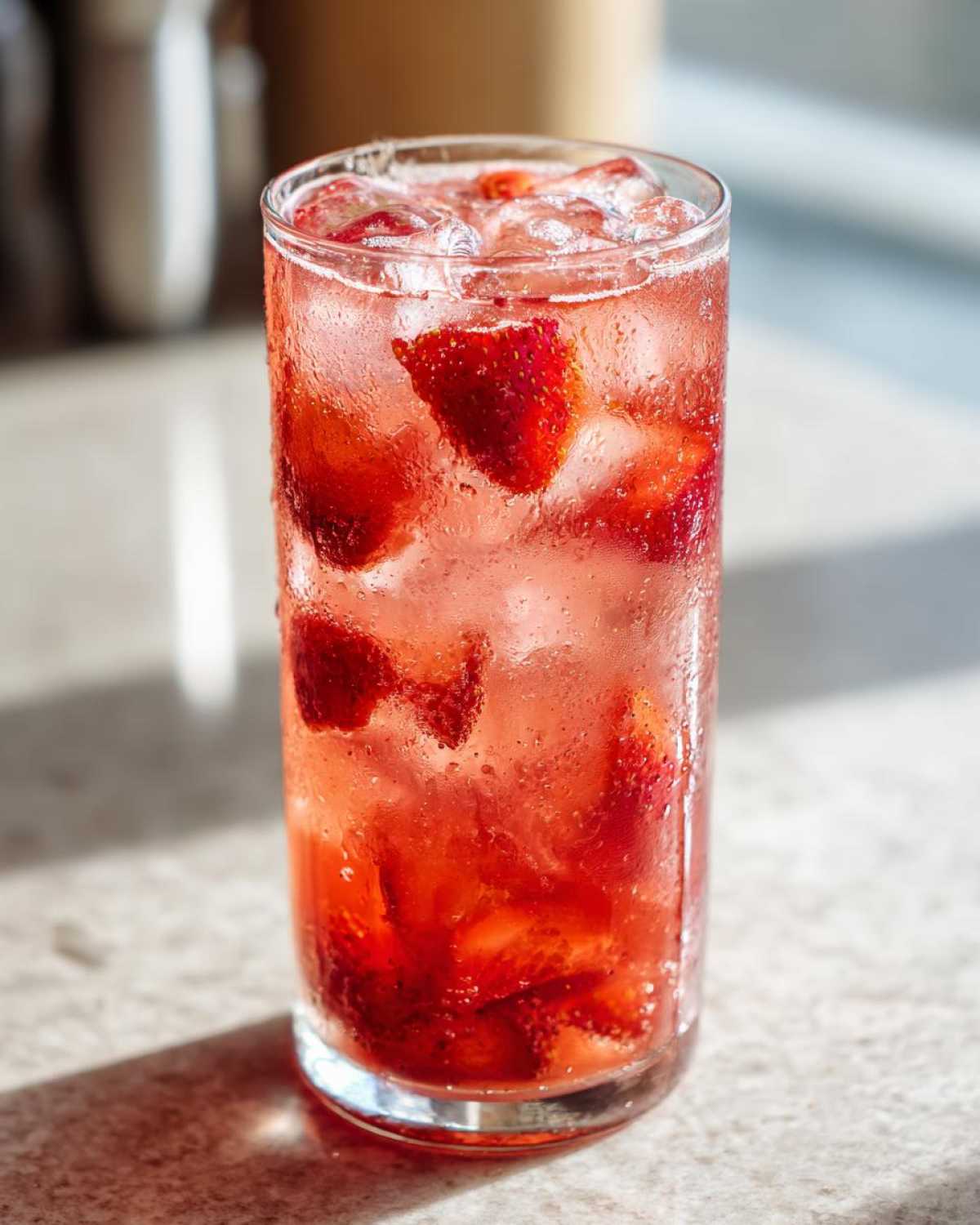 Close-up of a tall glass filled with Iced Strawberry Lemon Tea, ice, and fresh strawberry slices.