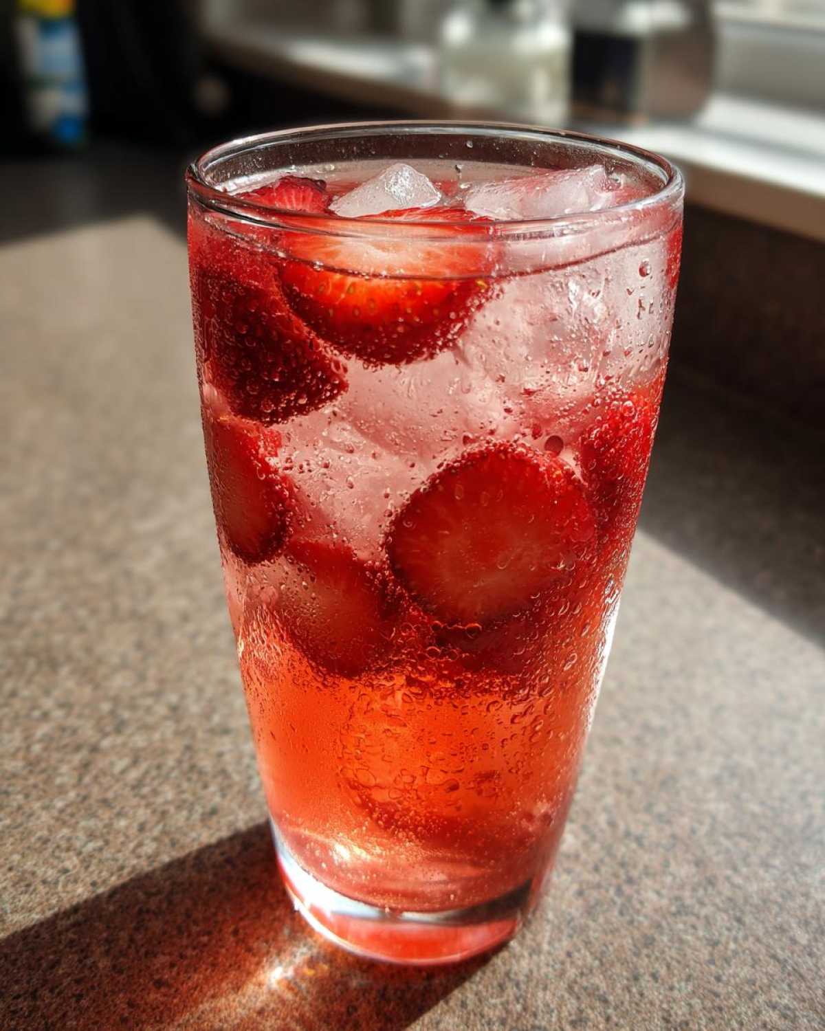 Close-up of a tall glass filled with Iced Strawberry Lemon Tea, ice cubes, and fresh strawberry slices.