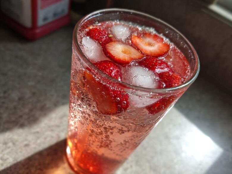 Close-up of a tall glass filled with Iced Strawberry Lemon Tea, sliced strawberries, and ice cubes.