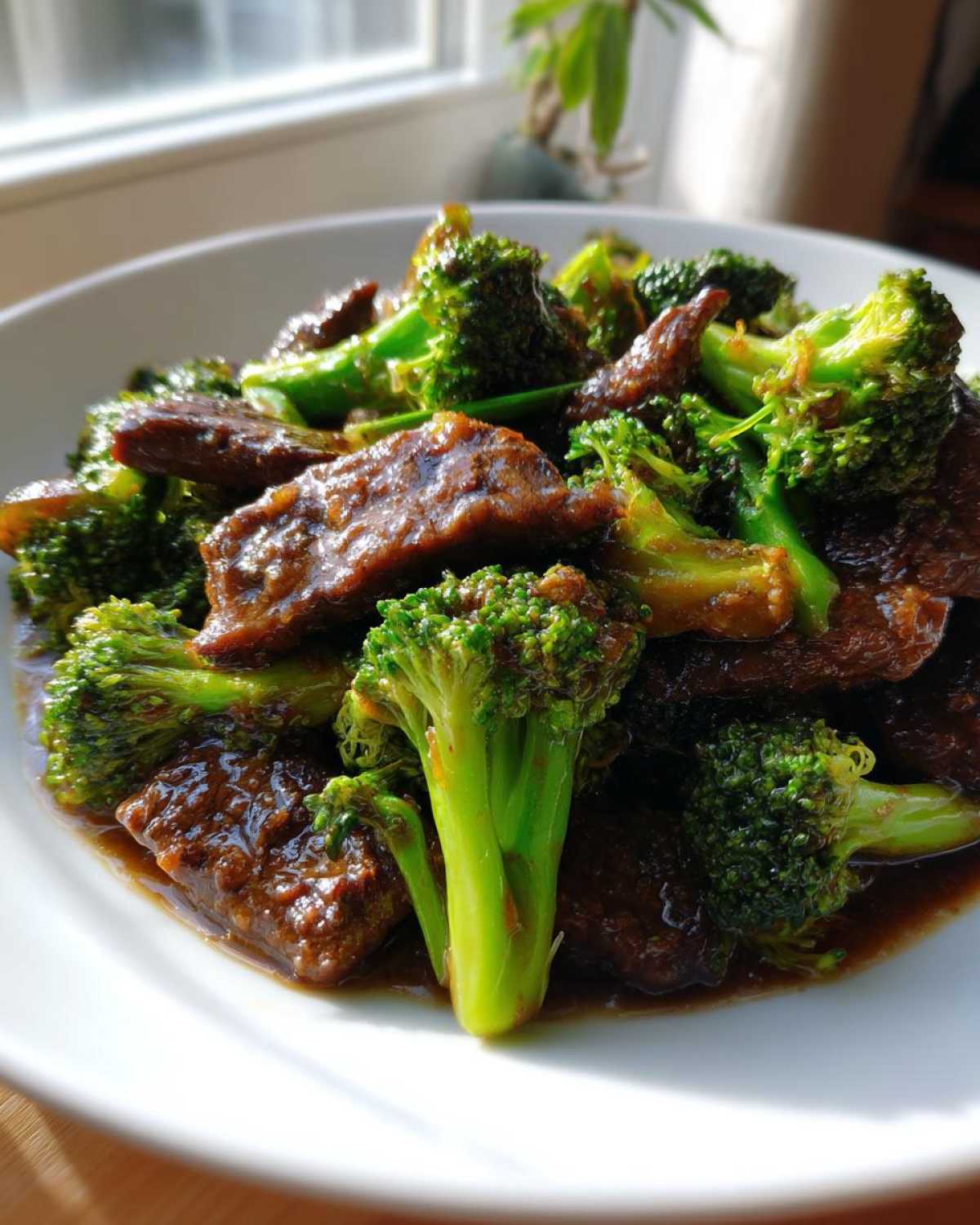 Close-up of tender slices of beef coated in dark sauce mixed with bright green broccoli florets in a white bowl, Instant Pot Beef and Broccoli.