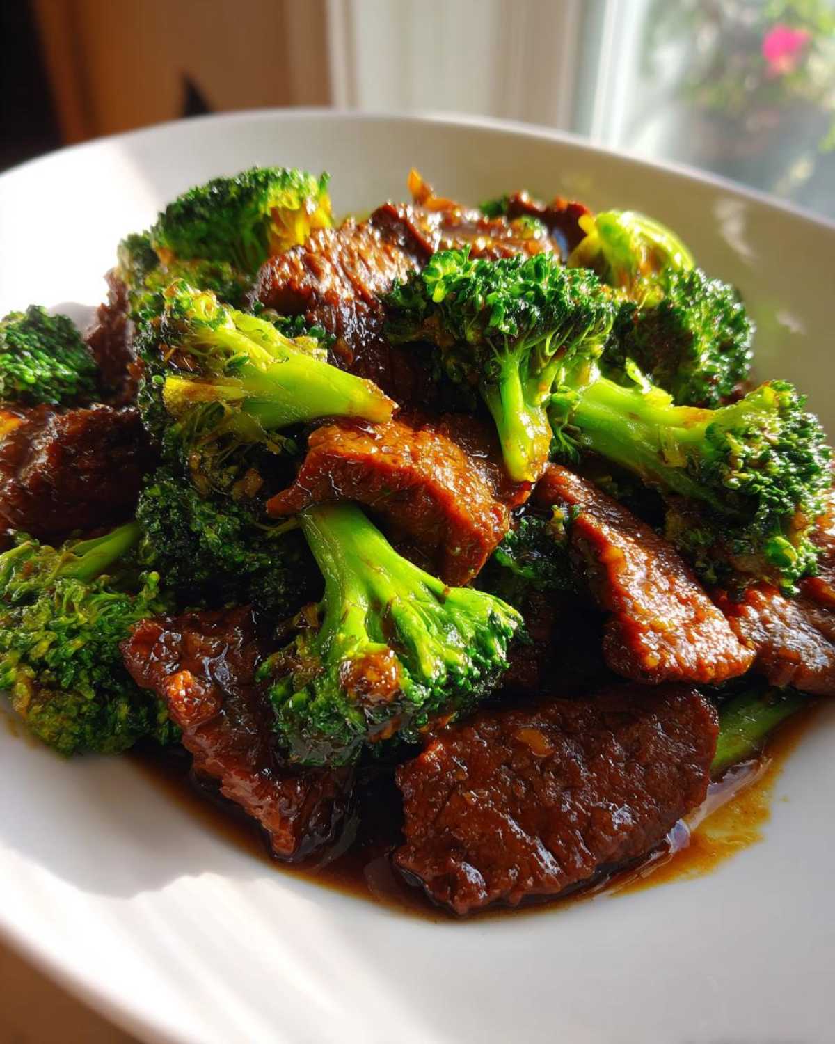 Close-up of tender slices of beef and bright green broccoli florets coated in a rich brown sauce from the Instant Pot Beef and Broccoli recipe.