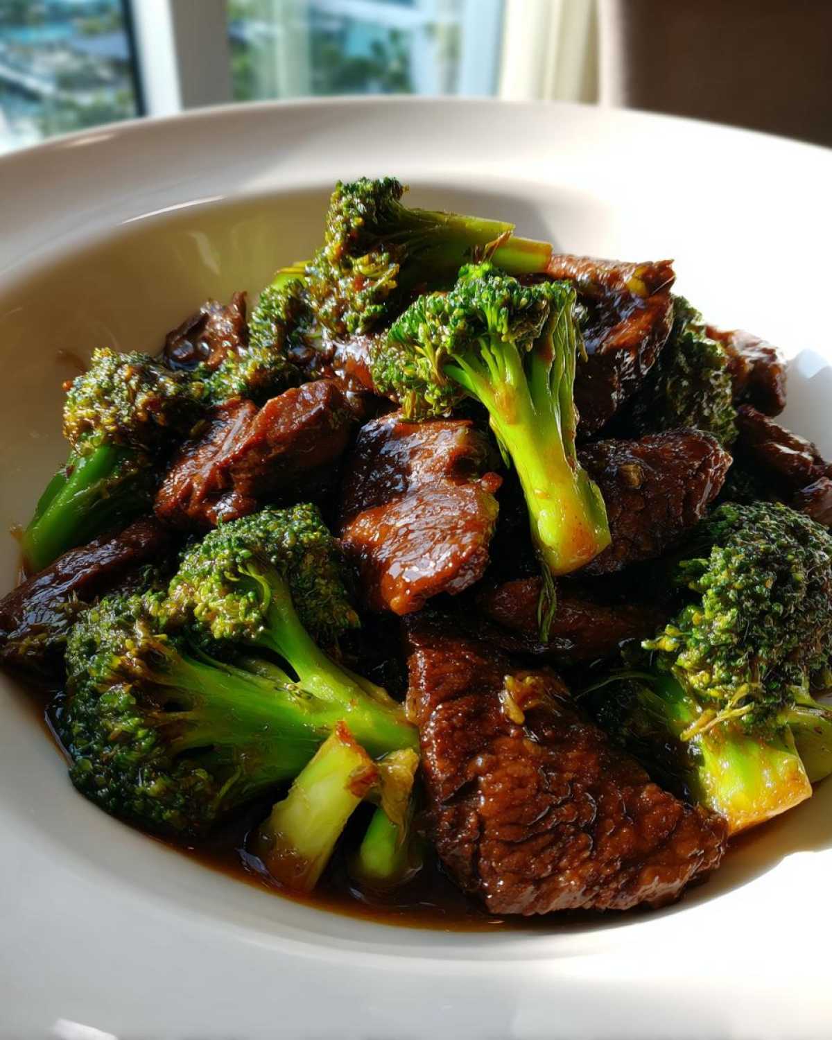 Close-up of tender pieces of beef mixed with bright green broccoli florets coated in a savory sauce, Instant Pot Beef and Broccoli.