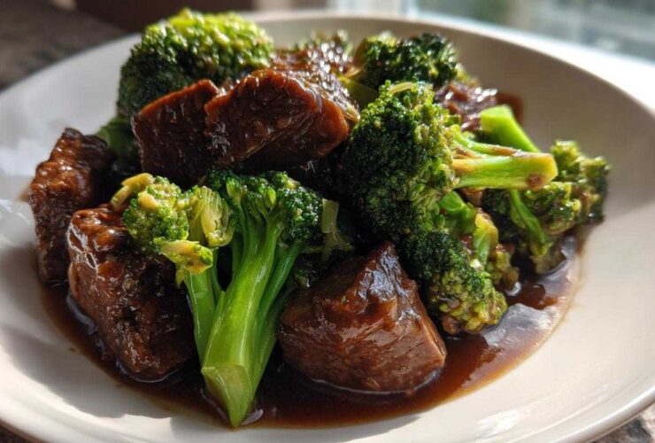 Close-up of tender chunks of beef coated in dark sauce served with bright green broccoli florets in Instant Pot Beef and Broccoli.